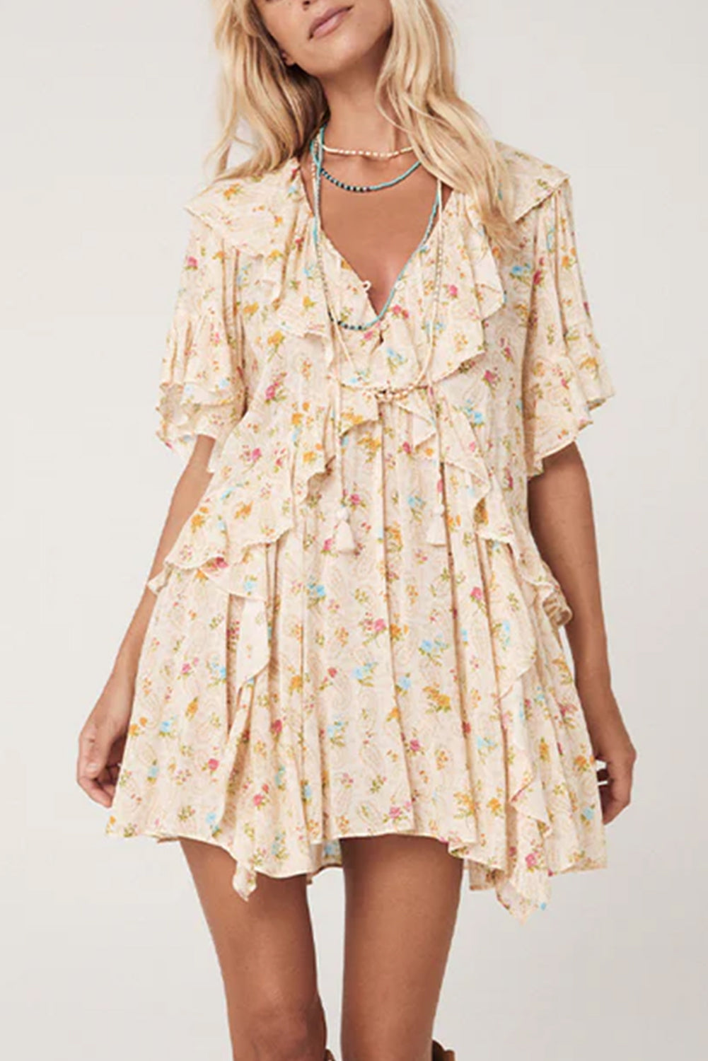 Apricot Boho Floral Tassel Mini Dress