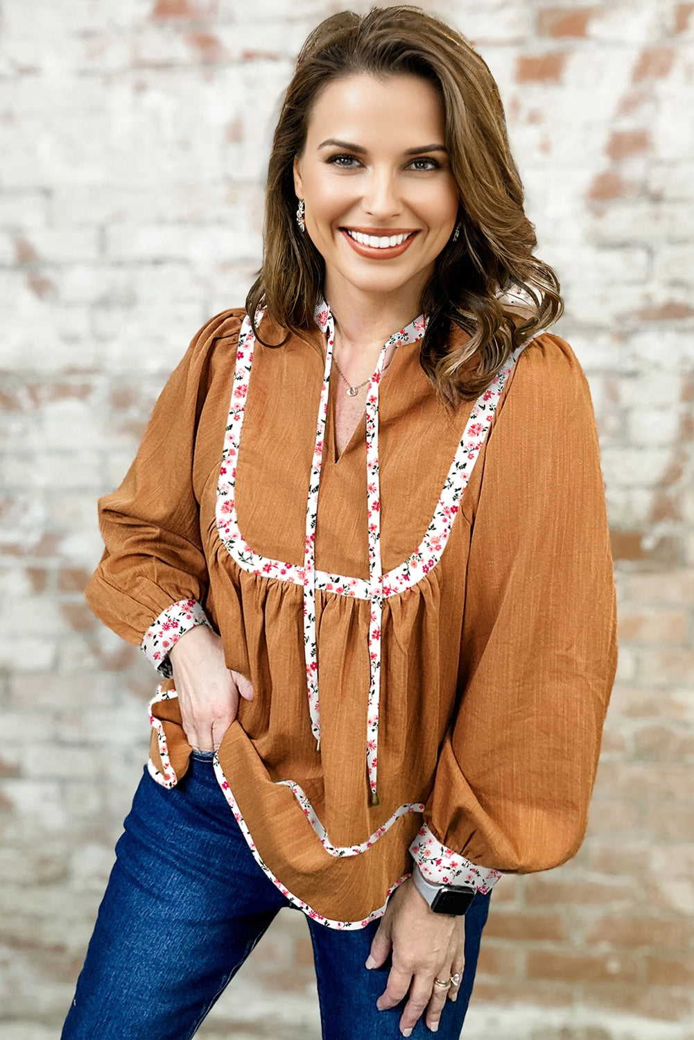 Pleated Floral Trim Puff Sleeve Blouse