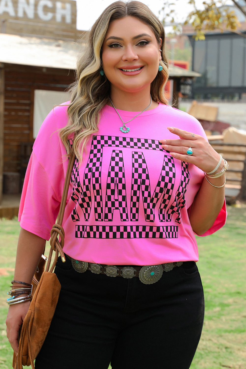 Bright Pink Checker MAMA Shirt