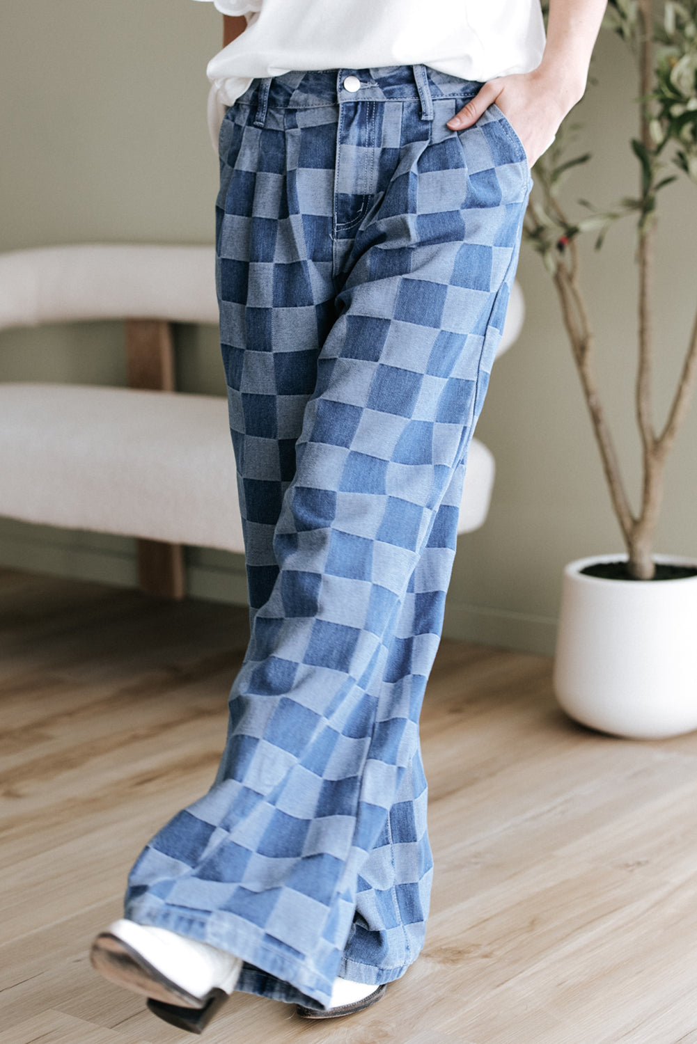 Checkered Denim Wide Leg Jeans