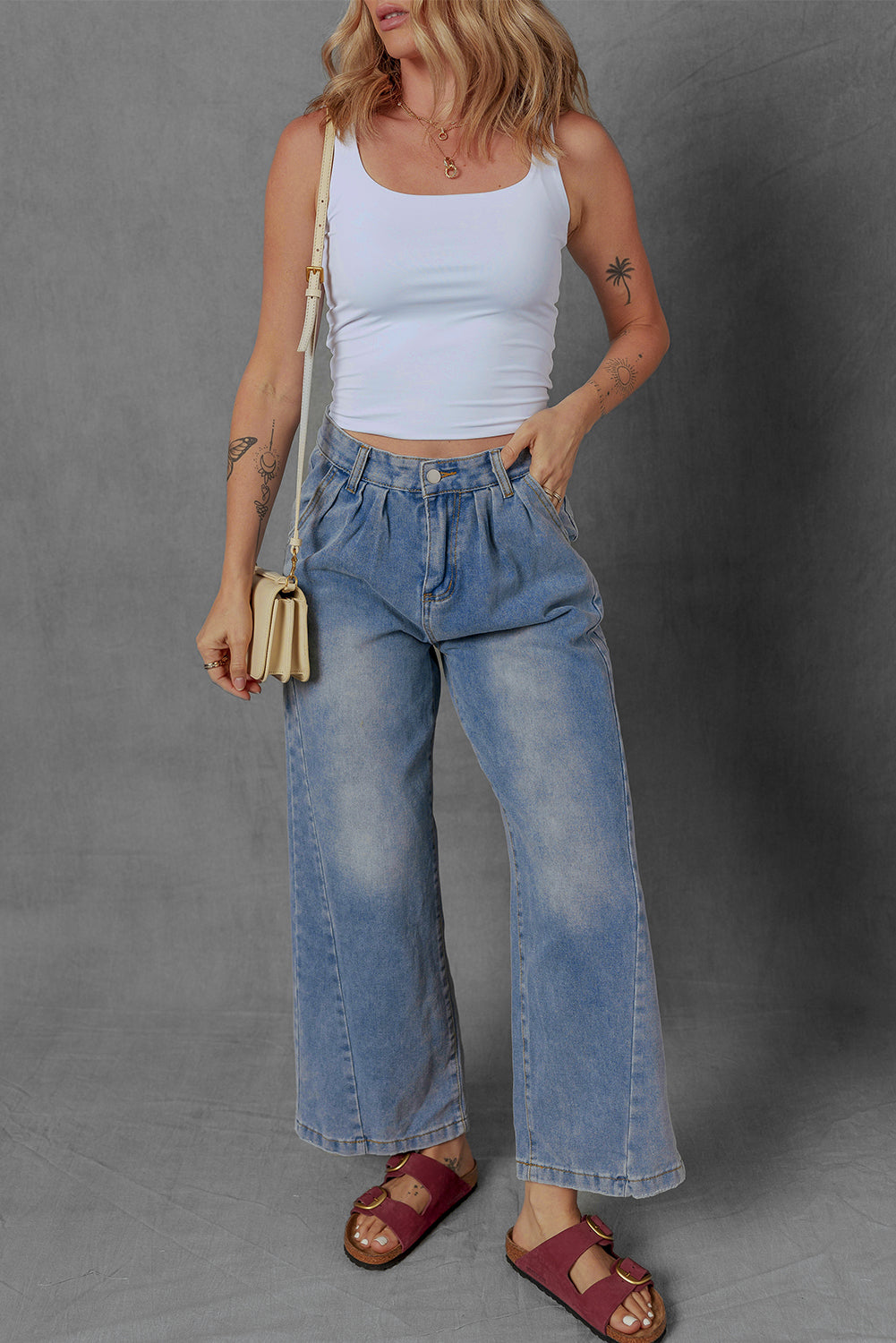 Blue Washed Pleated Wide Leg Jeans