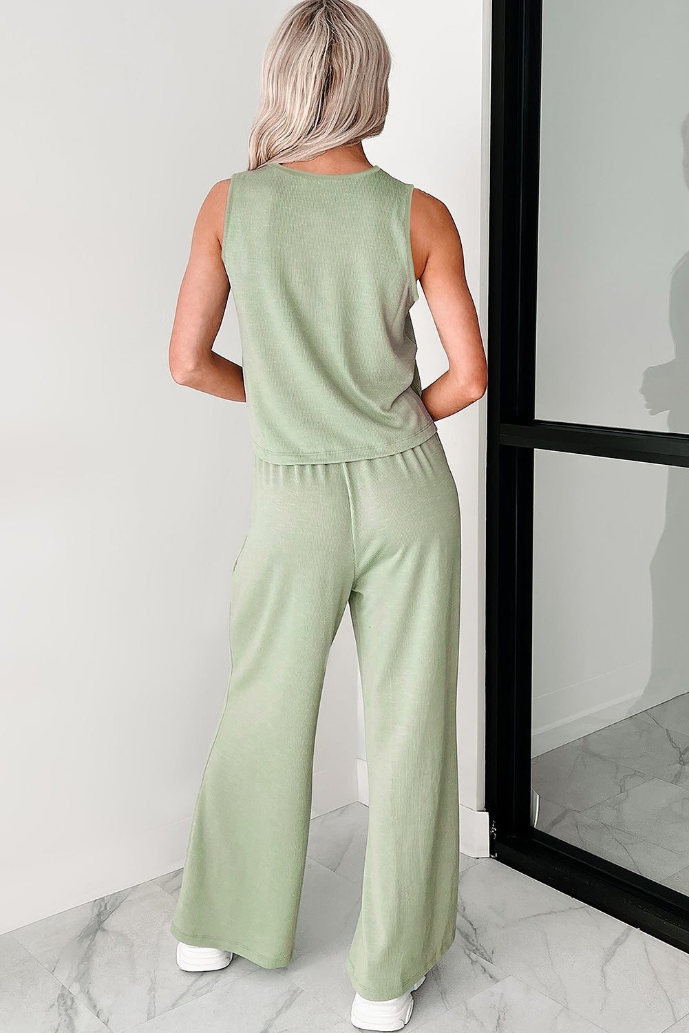 Smoke Green Tank Top and High Waist Pants Set