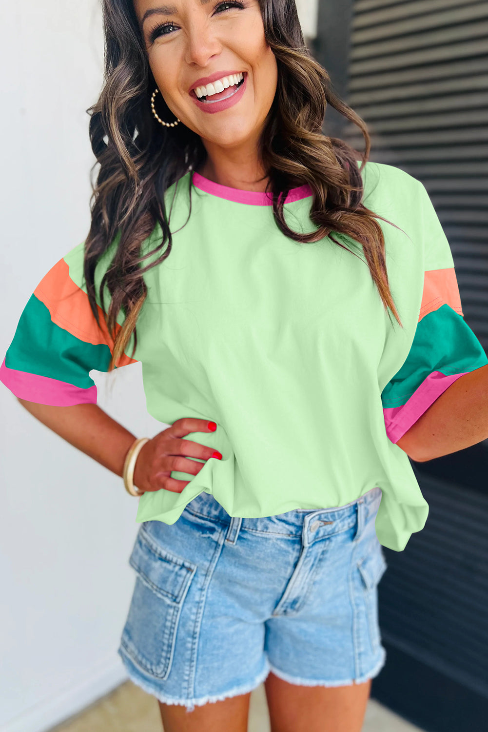 Green Color Block Oversize Top