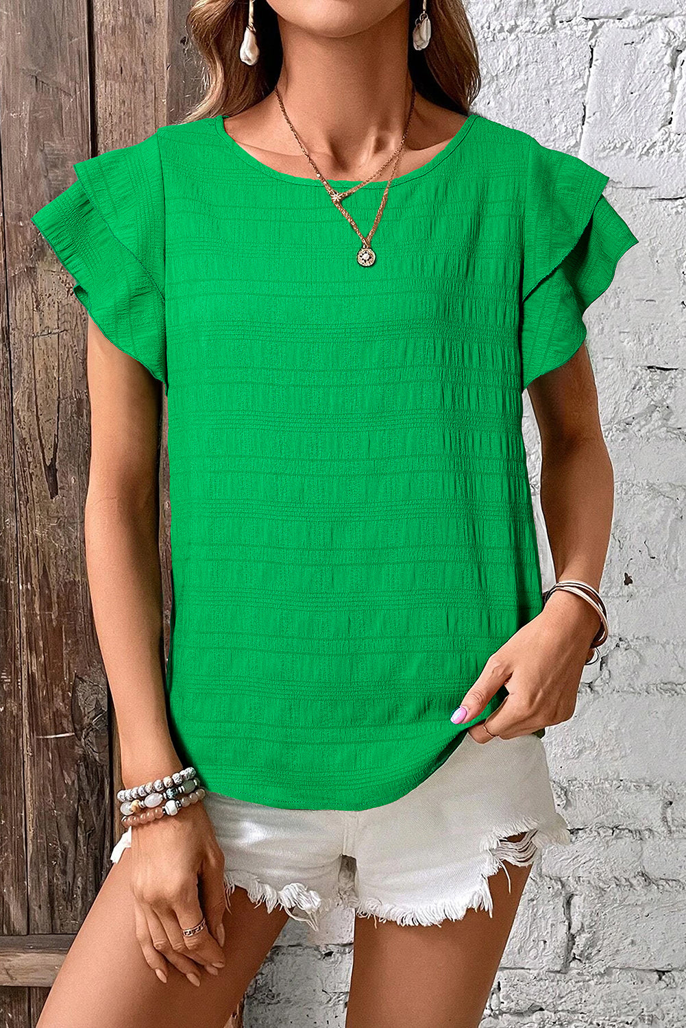 Dark Green Textured Ruffled Top