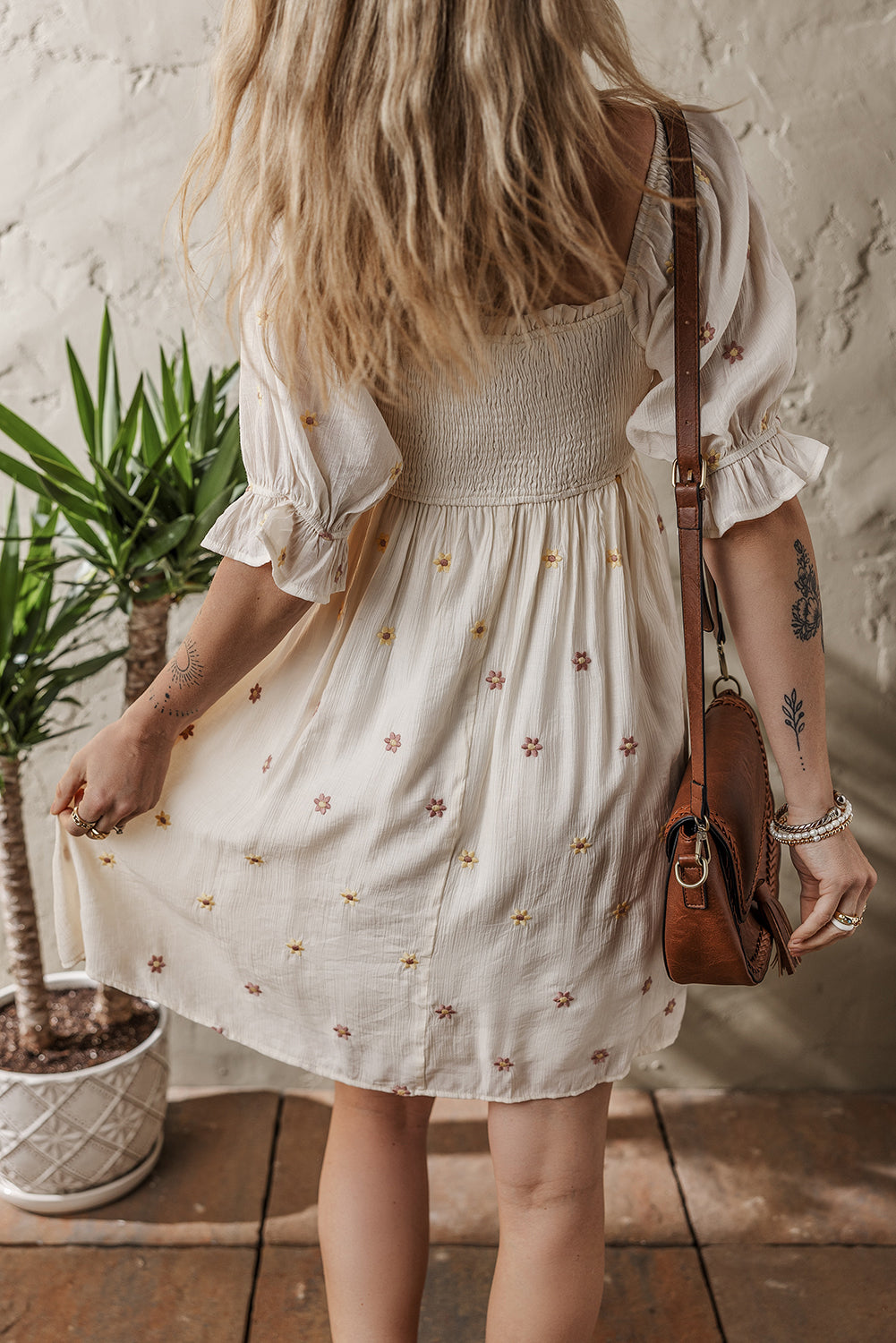 Beige Embroidered Flower Flowy Dress