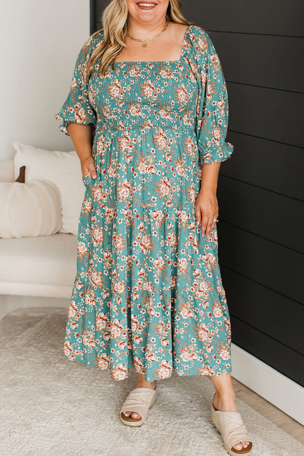 Green Floral Print Square Neck Maxi Dress
