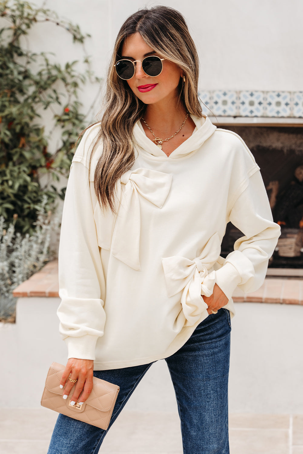 White Bow Detail Loose Hoodie
