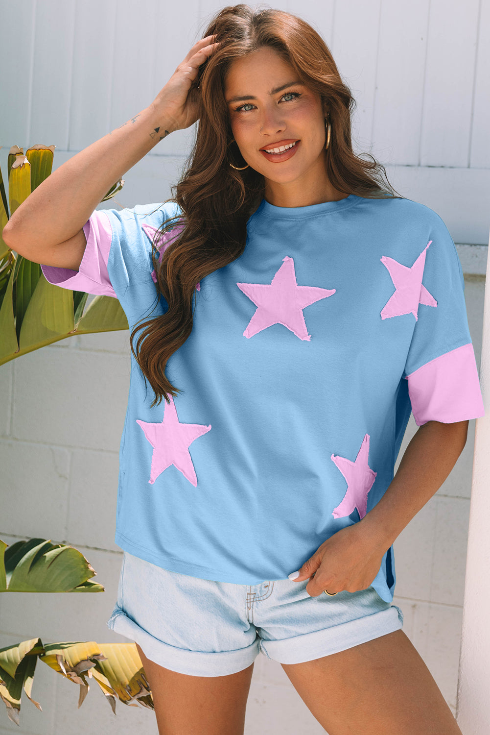 Frayed Denim Star Patched Oversize Shirt