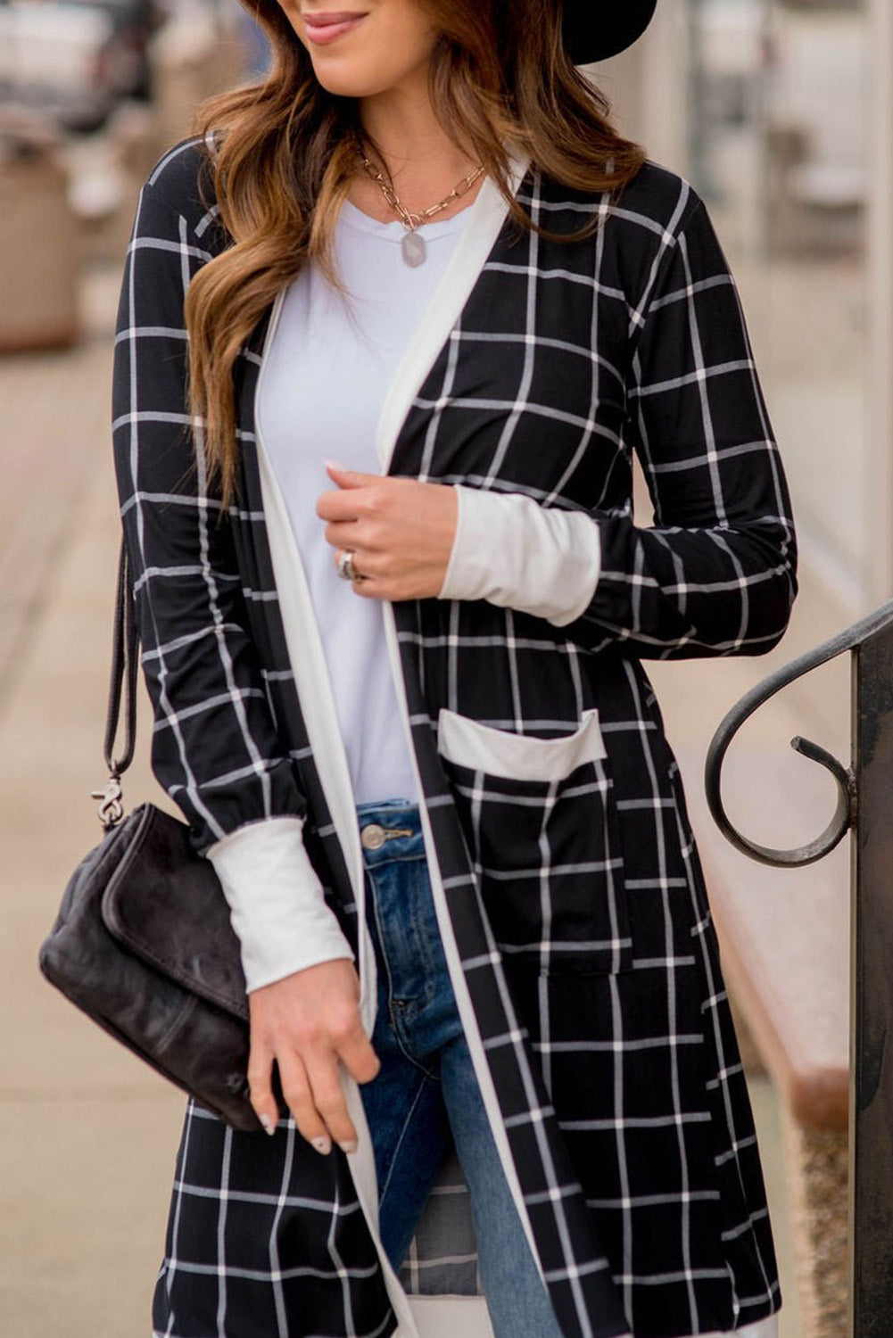 Black Plaid Colorblock Cardigan