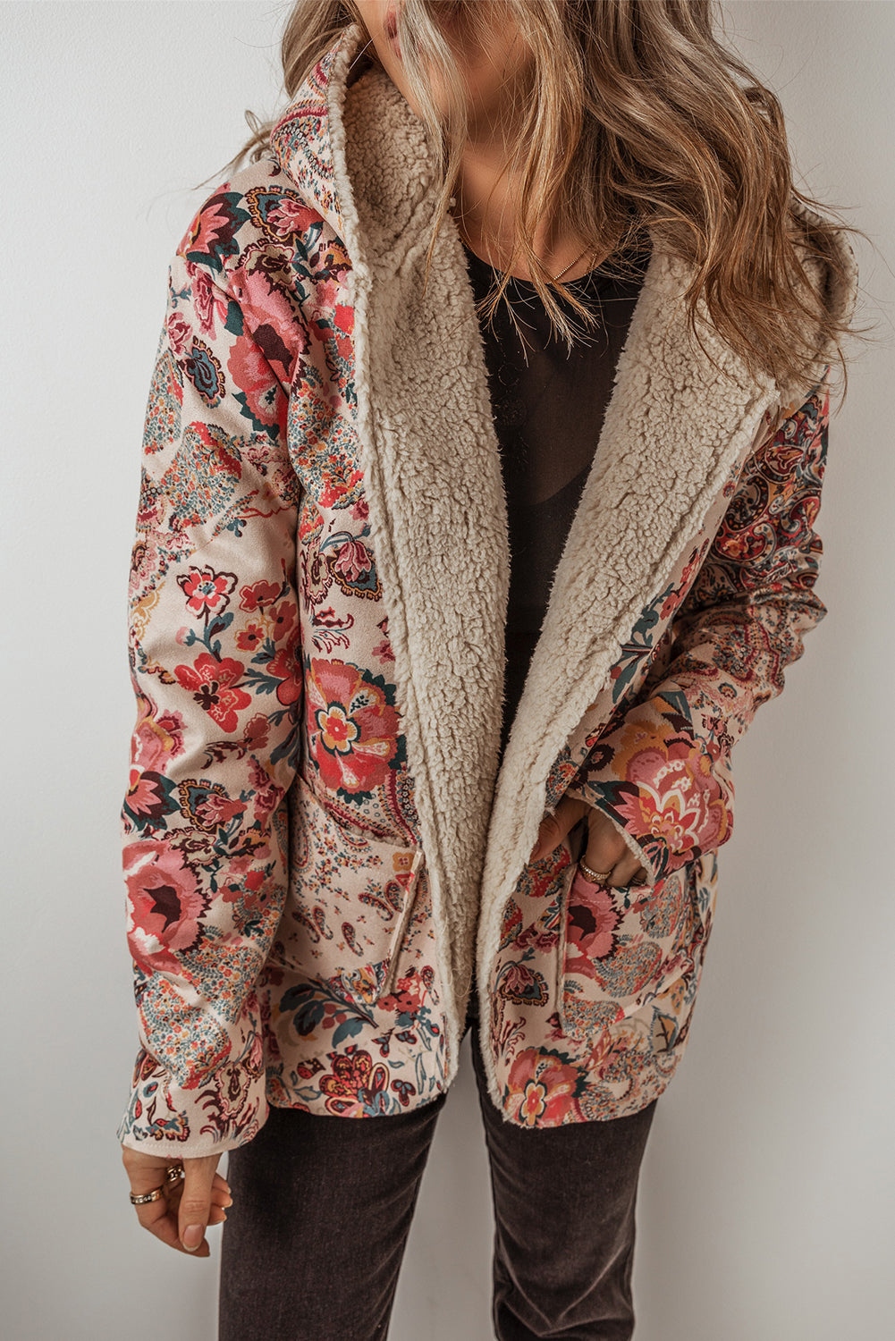 Beige Floral Sherpa Lined Hooded Jacket