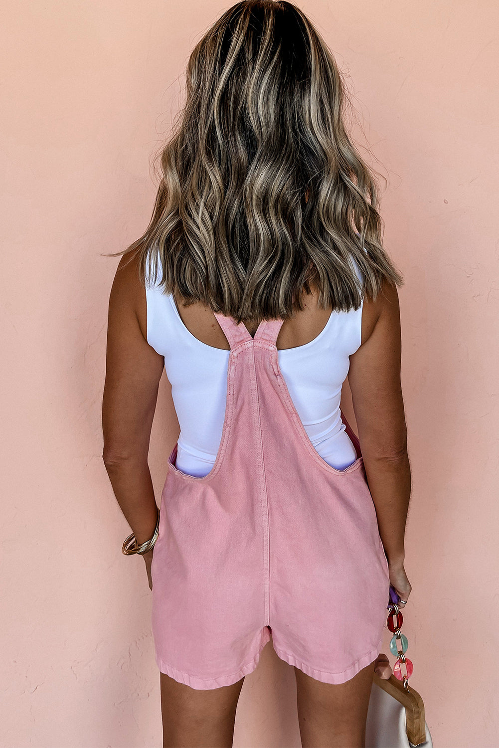 Pink Solid Denim Romper with Pockets