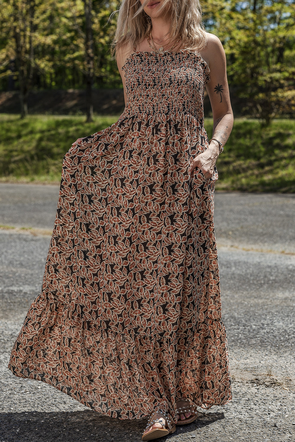 Brown Floral Smocked Flowy Sun Dress