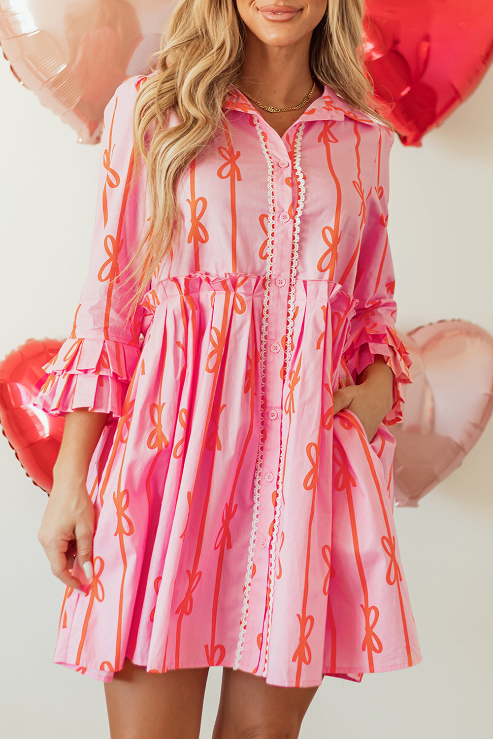 Pink Bowknot Mini Shirt Dress