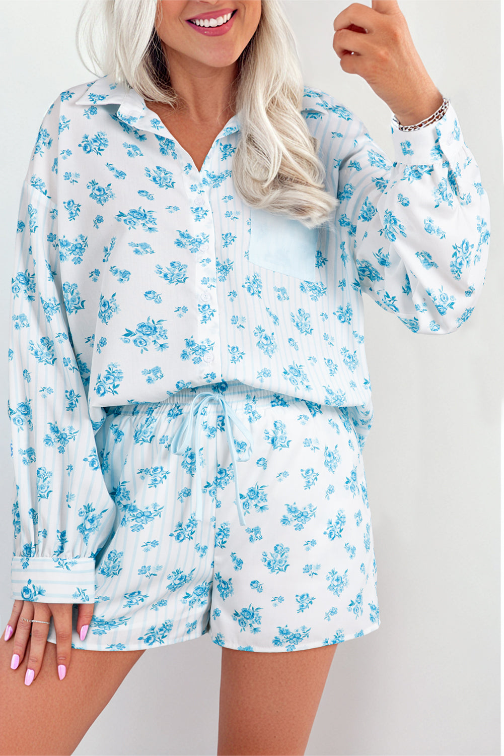 Sky Blue Floral Shirt and Shorts Set