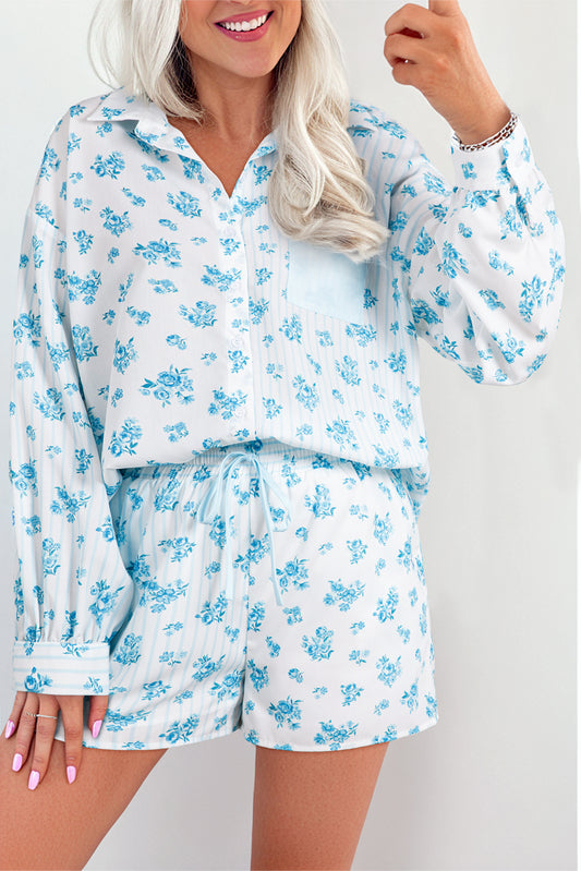 Sky Blue Floral Shirt and Shorts Set