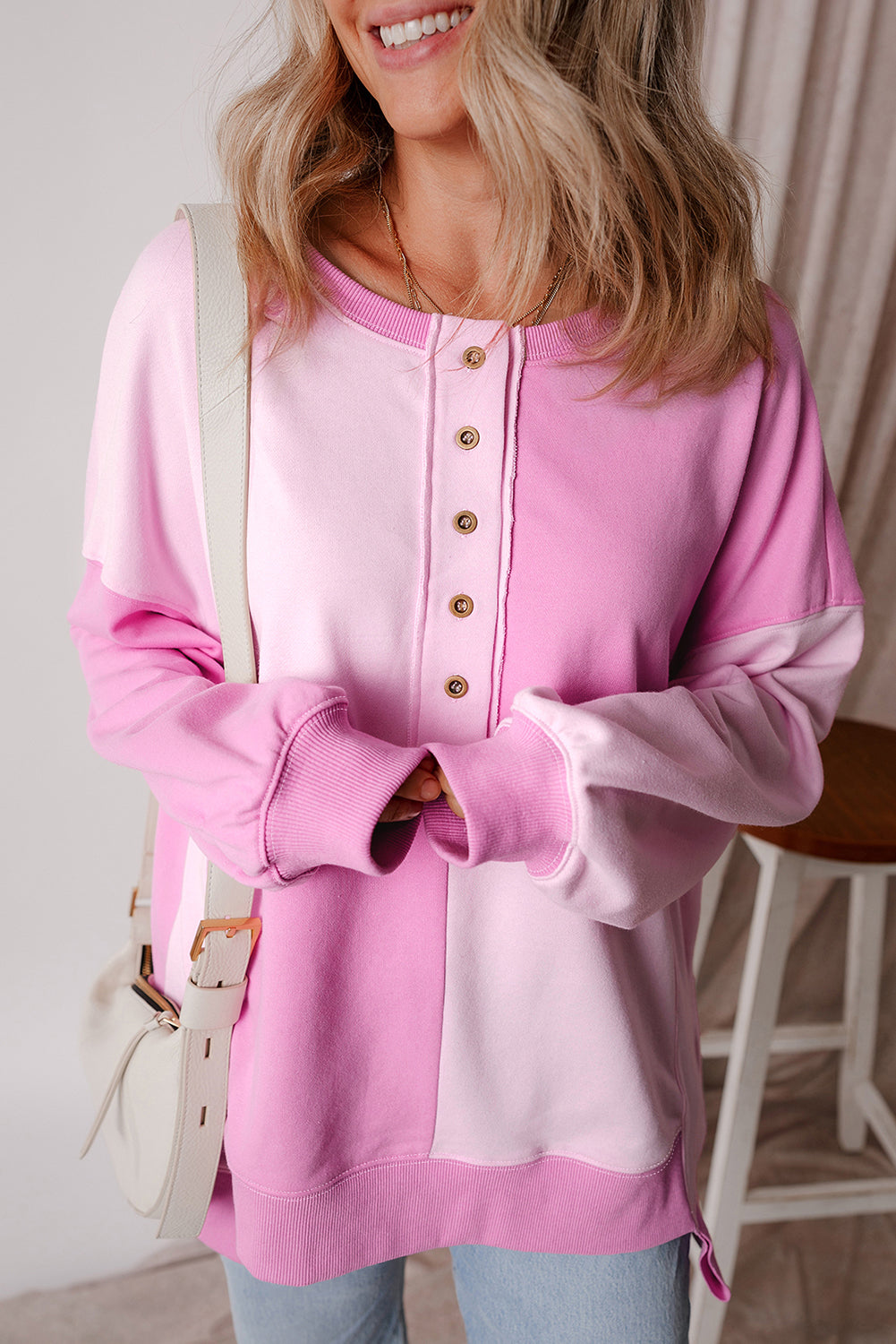 Pink Colorblock Henley Oversize Sweatshirt