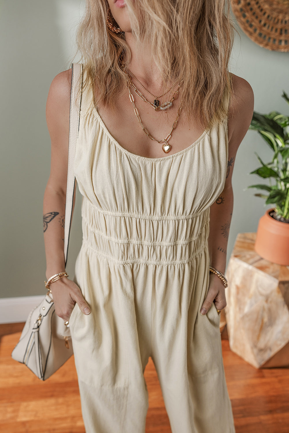 Beige High Waist Wide Leg Jumpsuit