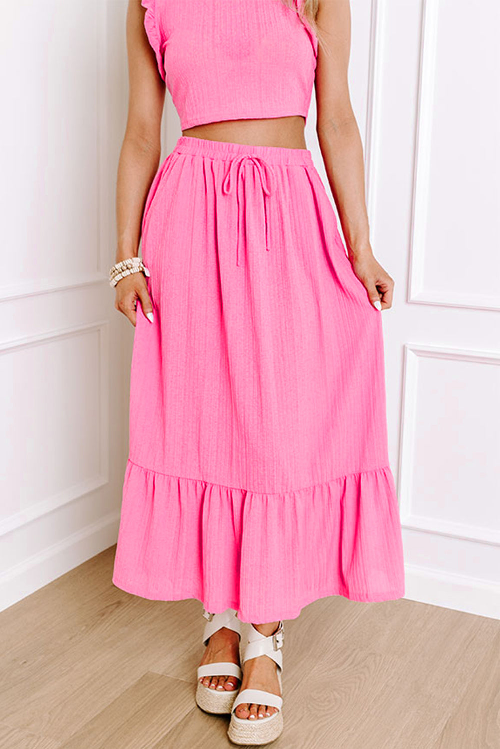 Pink Textured Ruffle Long Skirt Set