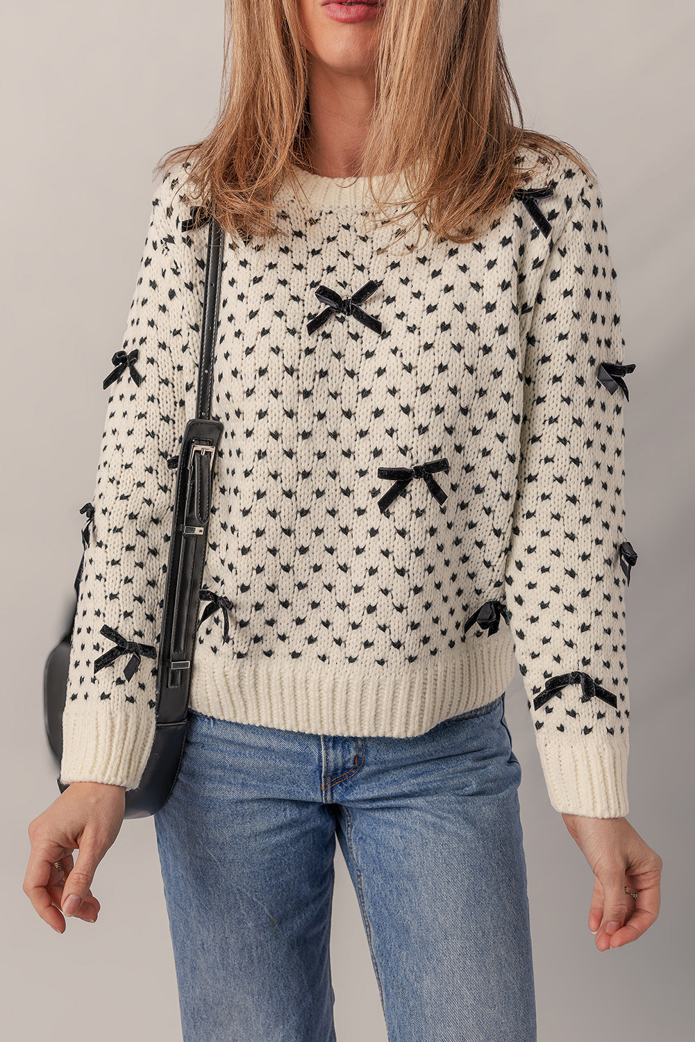 Beige Bow Crew Neck Sweater