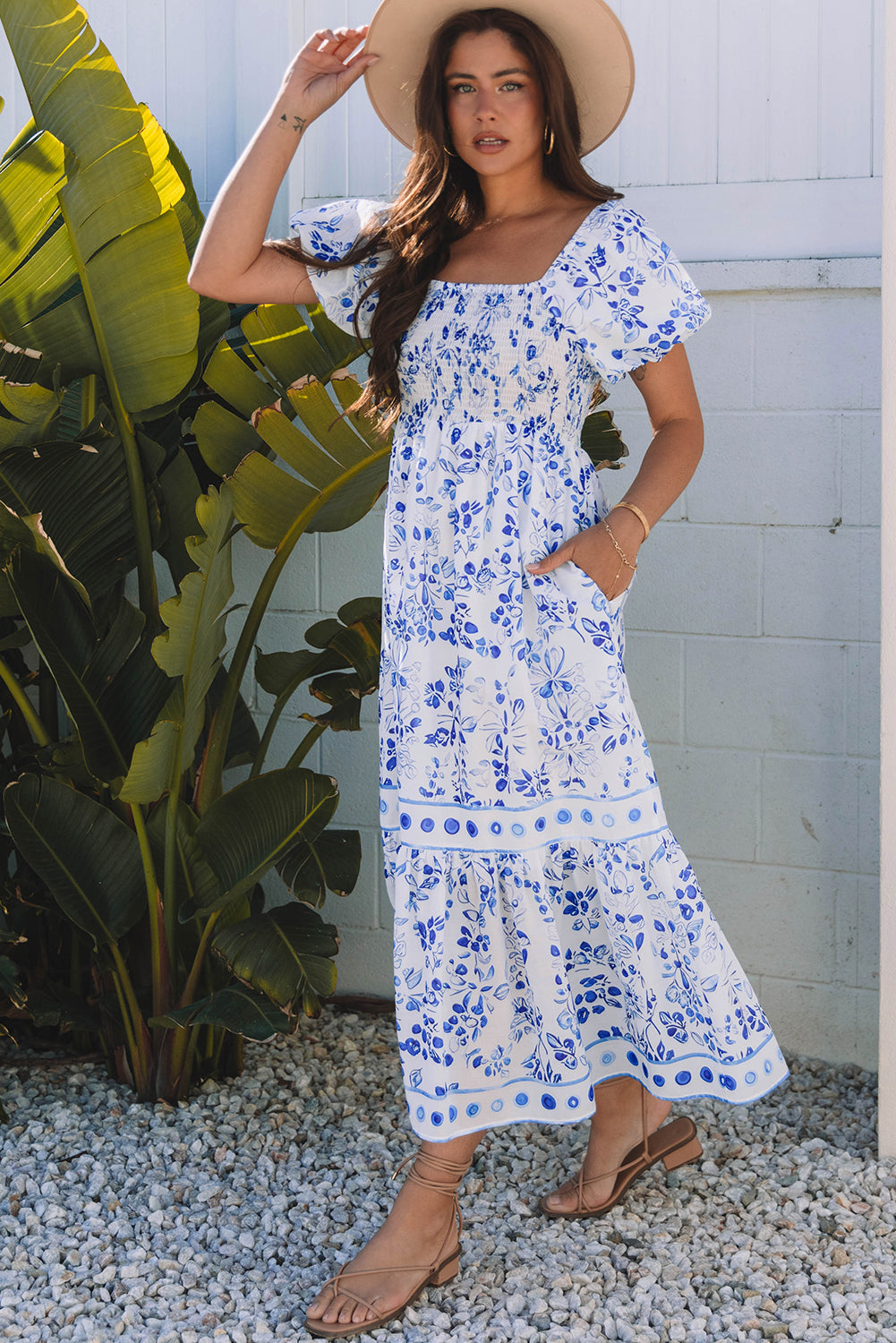 Sky Blue Floral Print Square Neck Maxi Dress