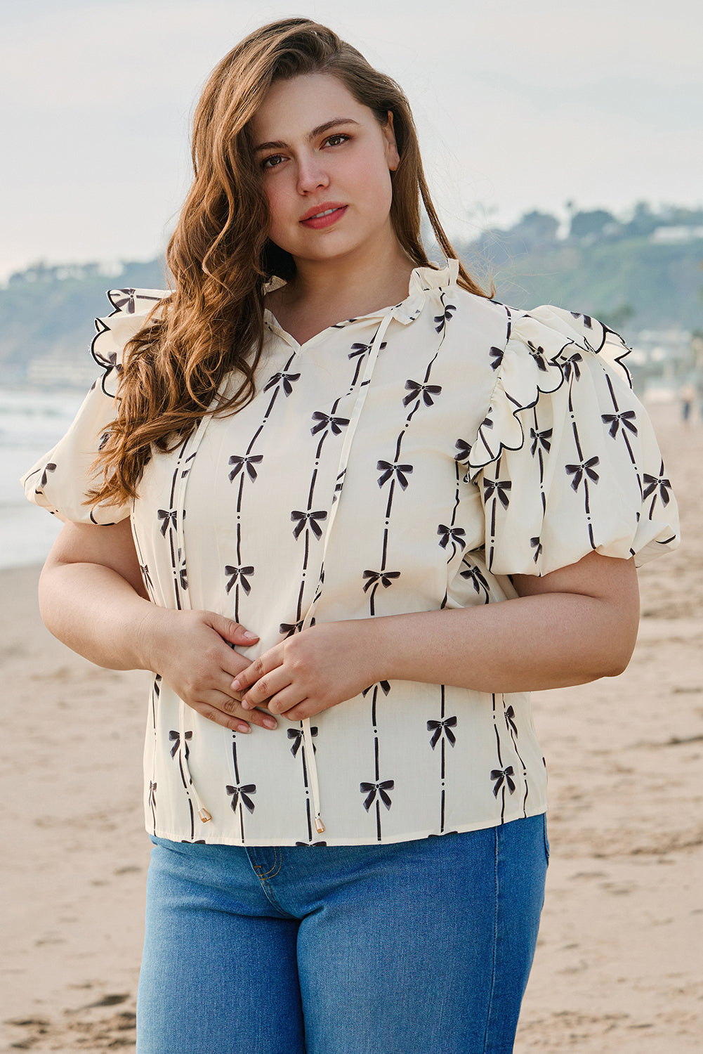 Apricot Bow Print Blouse
