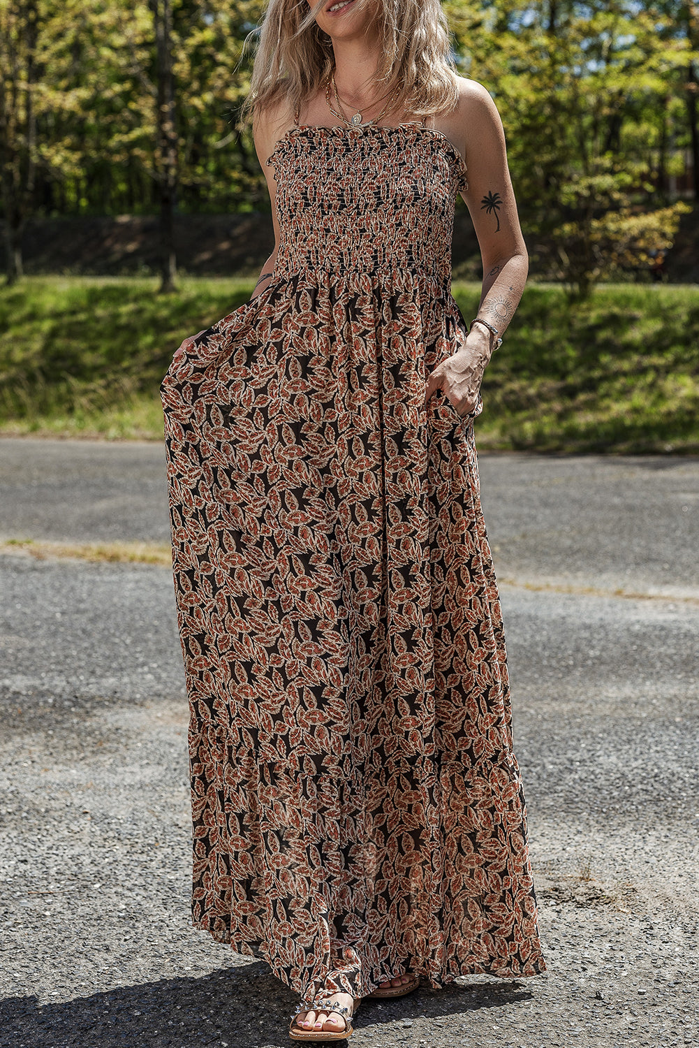 Brown Floral Smocked Flowy Sun Dress