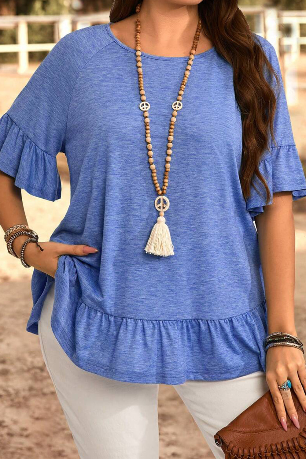 Blue Ruffled Casual Blouse