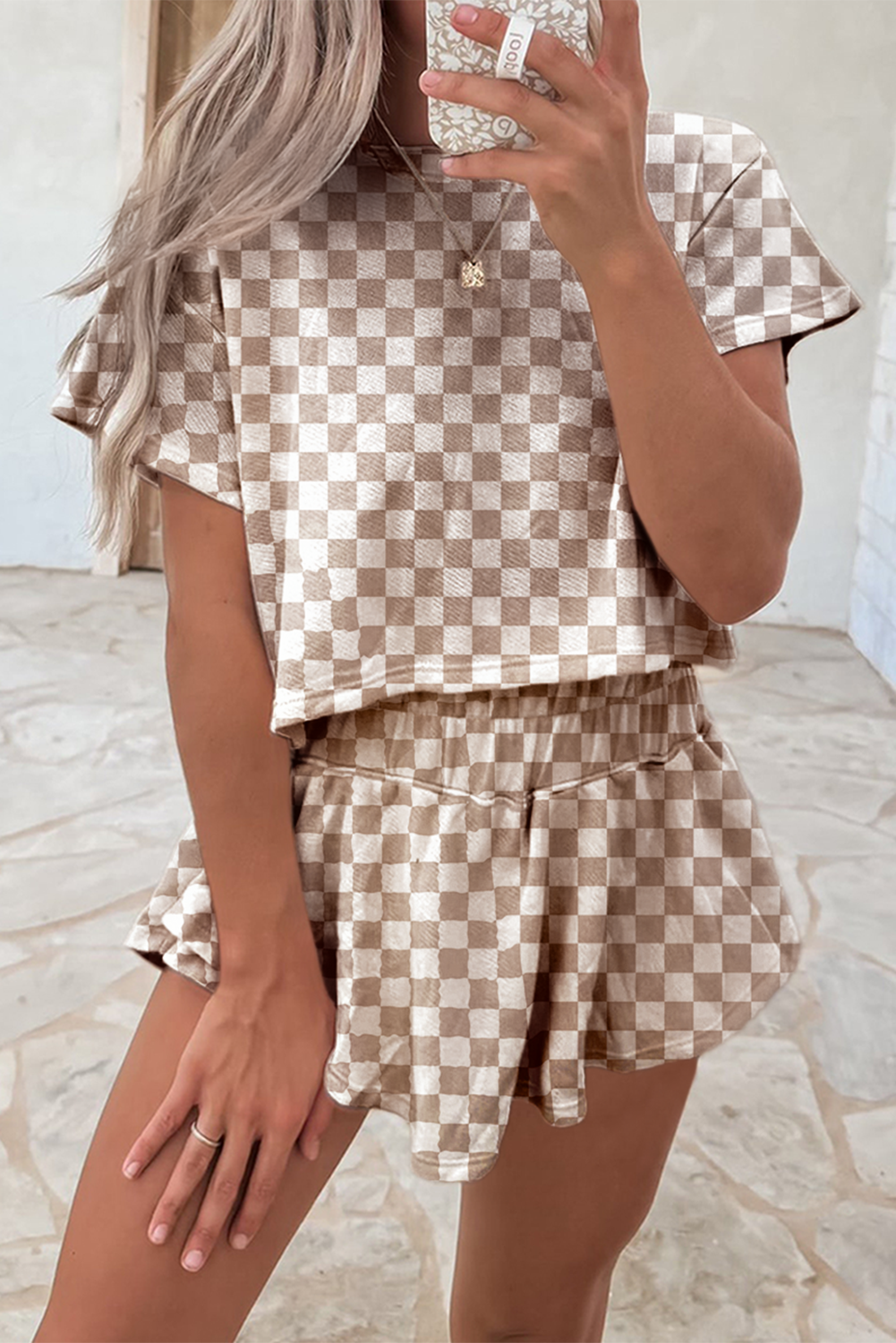 Brown Checkerboard Shirt and Skorts Set
