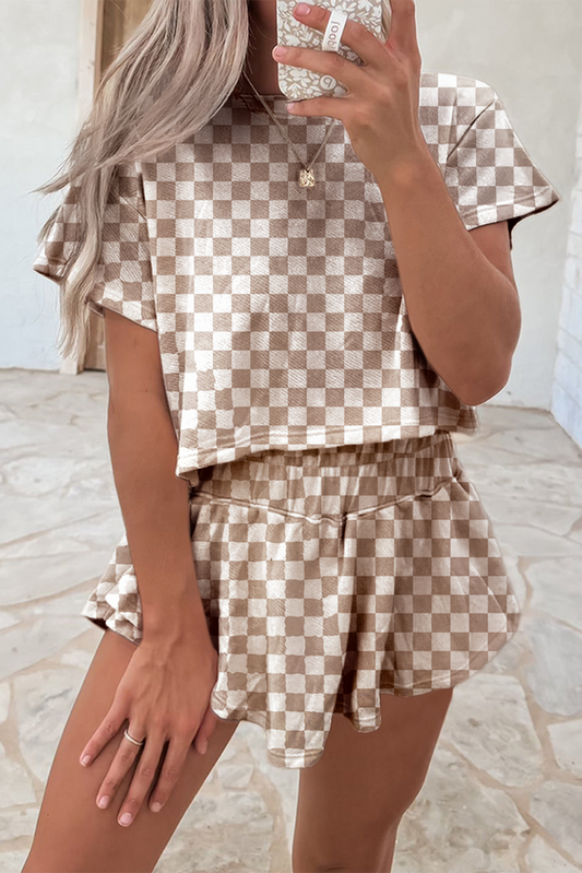 Brown Checkerboard Shirt and Skorts Set