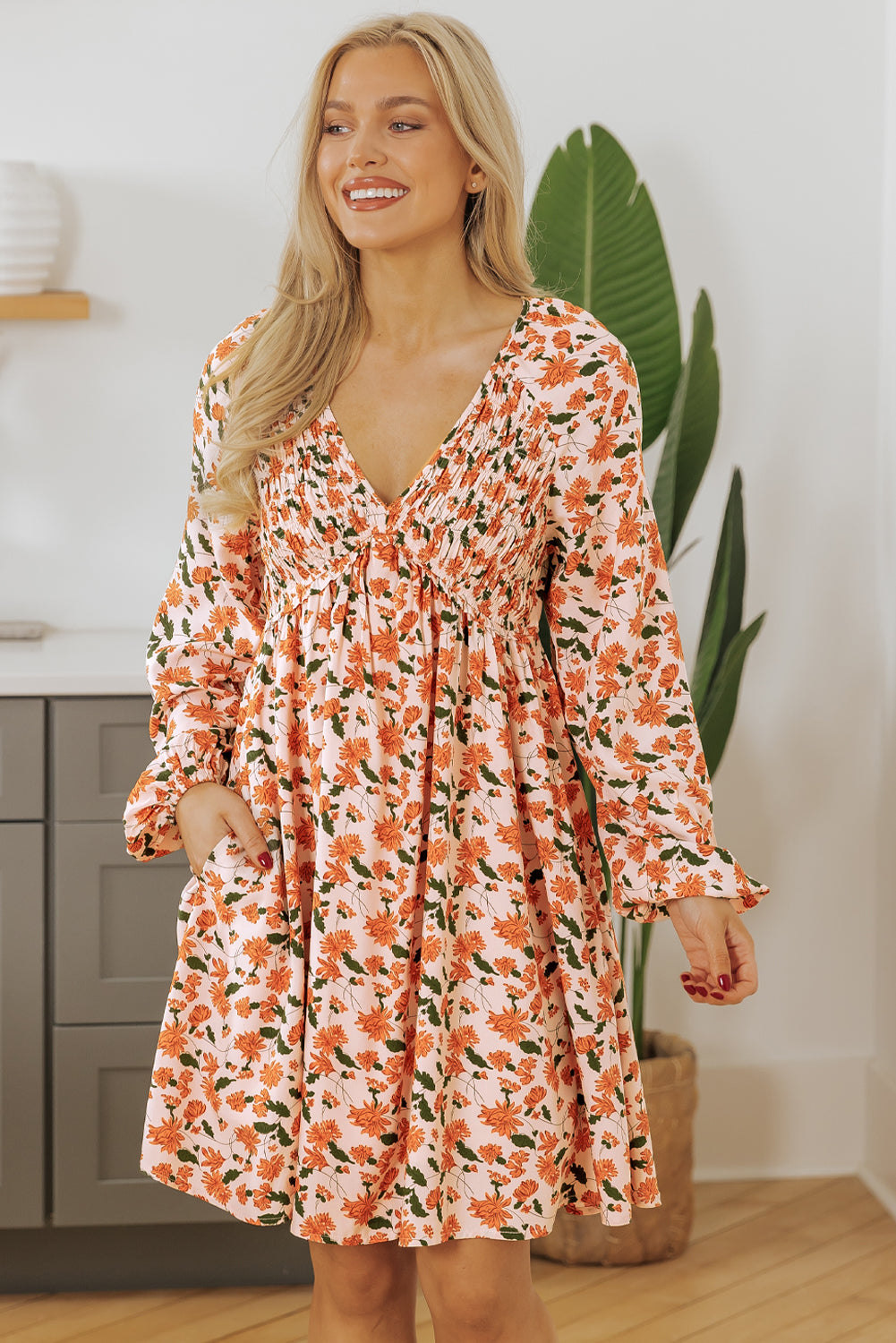 Beige Floral Babydoll Dress