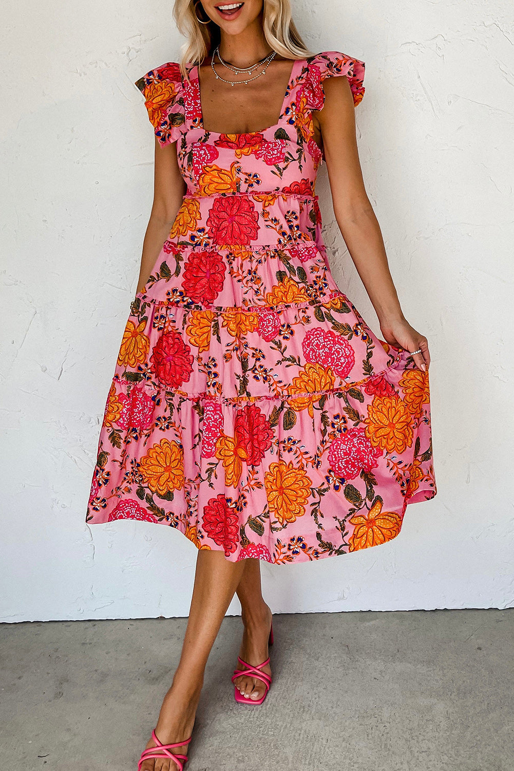 Pink Floral Square Midi Dress