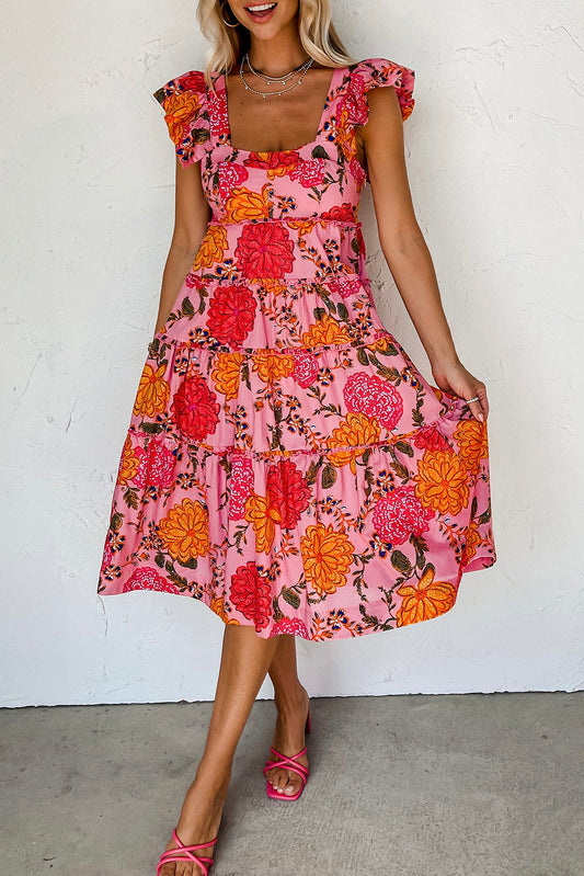 Pink Floral Square Midi Dress