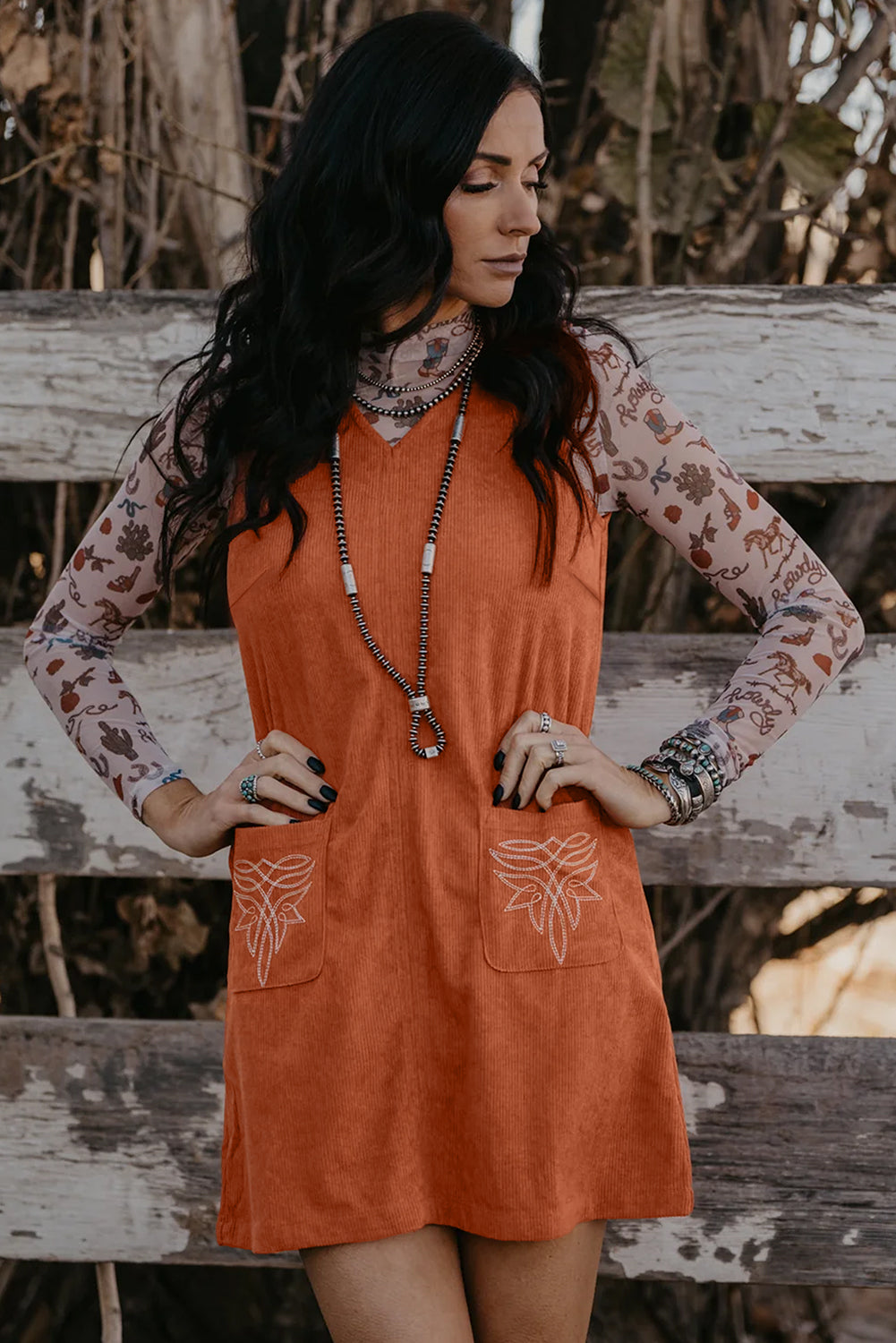 Corduroy Western Embroidered Sleeveless Mini Dress