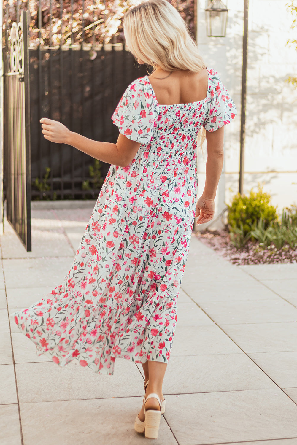 Pink Floral Puff Sleeve Maxi Dress