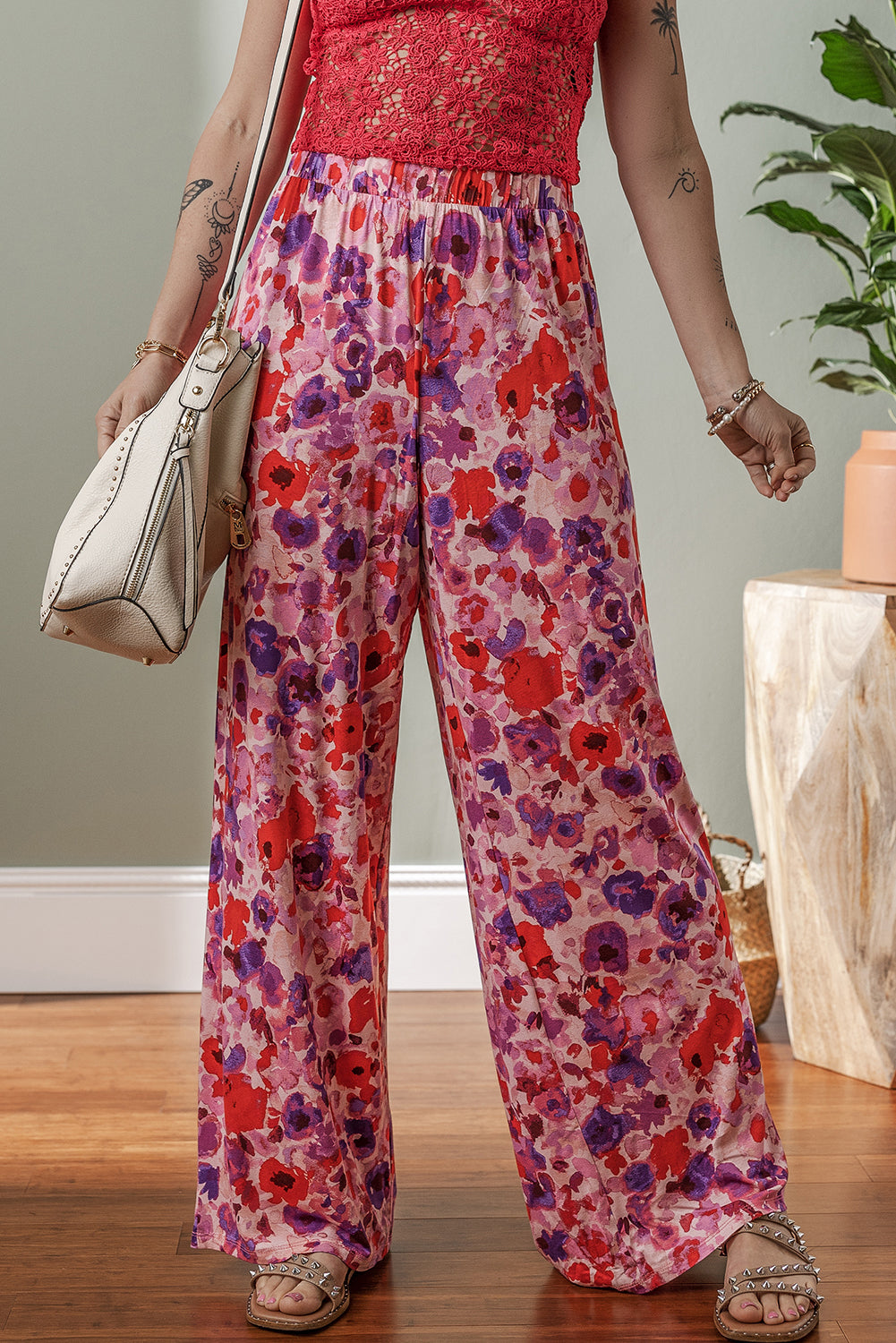 Purple Floral Wide Leg Pants