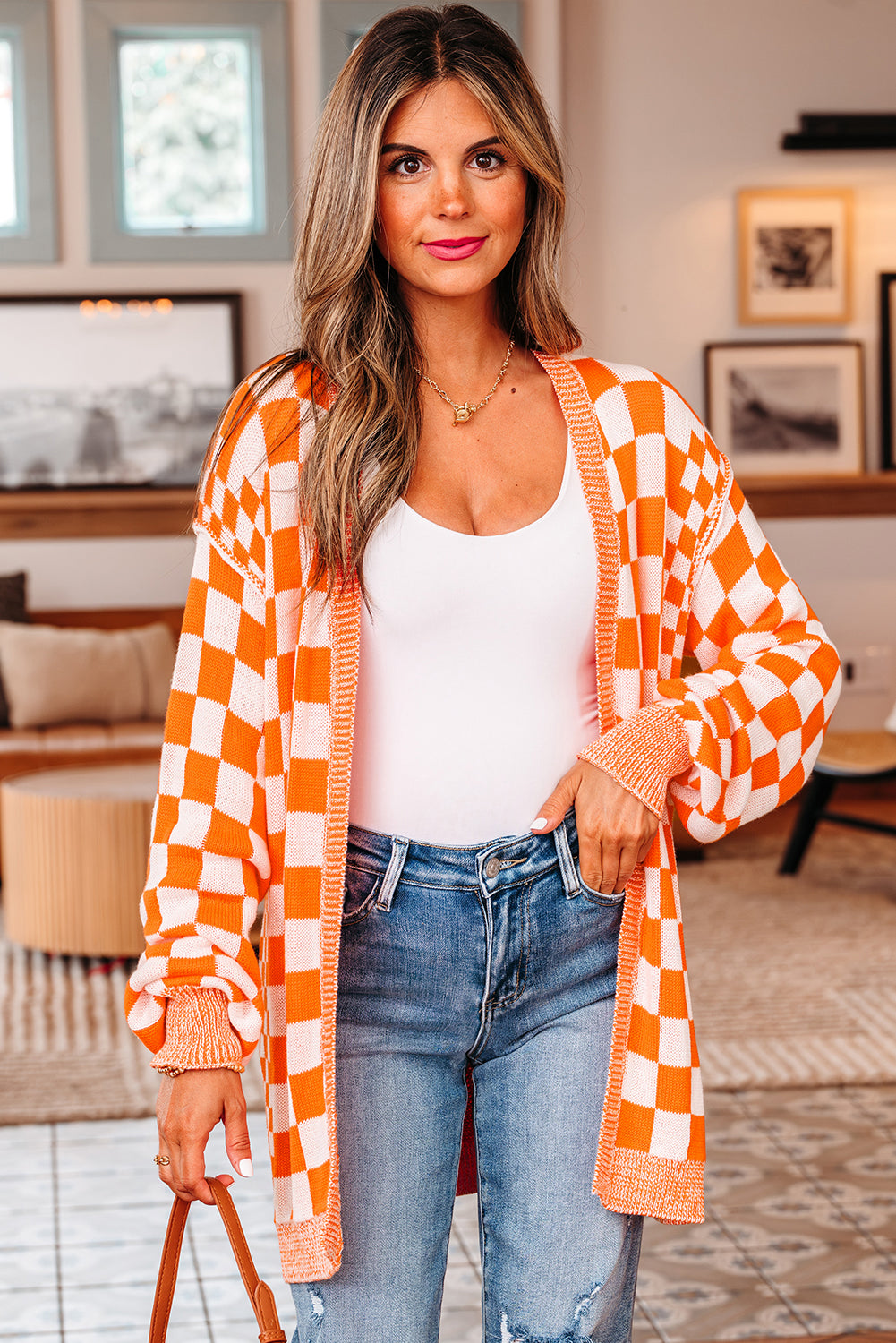 Orange Checkered Cardigan