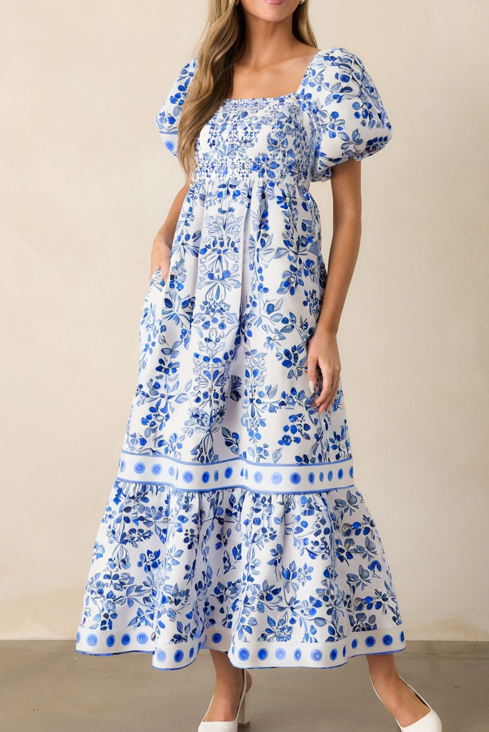 Sky Blue Floral Print Square Neck Maxi Dress