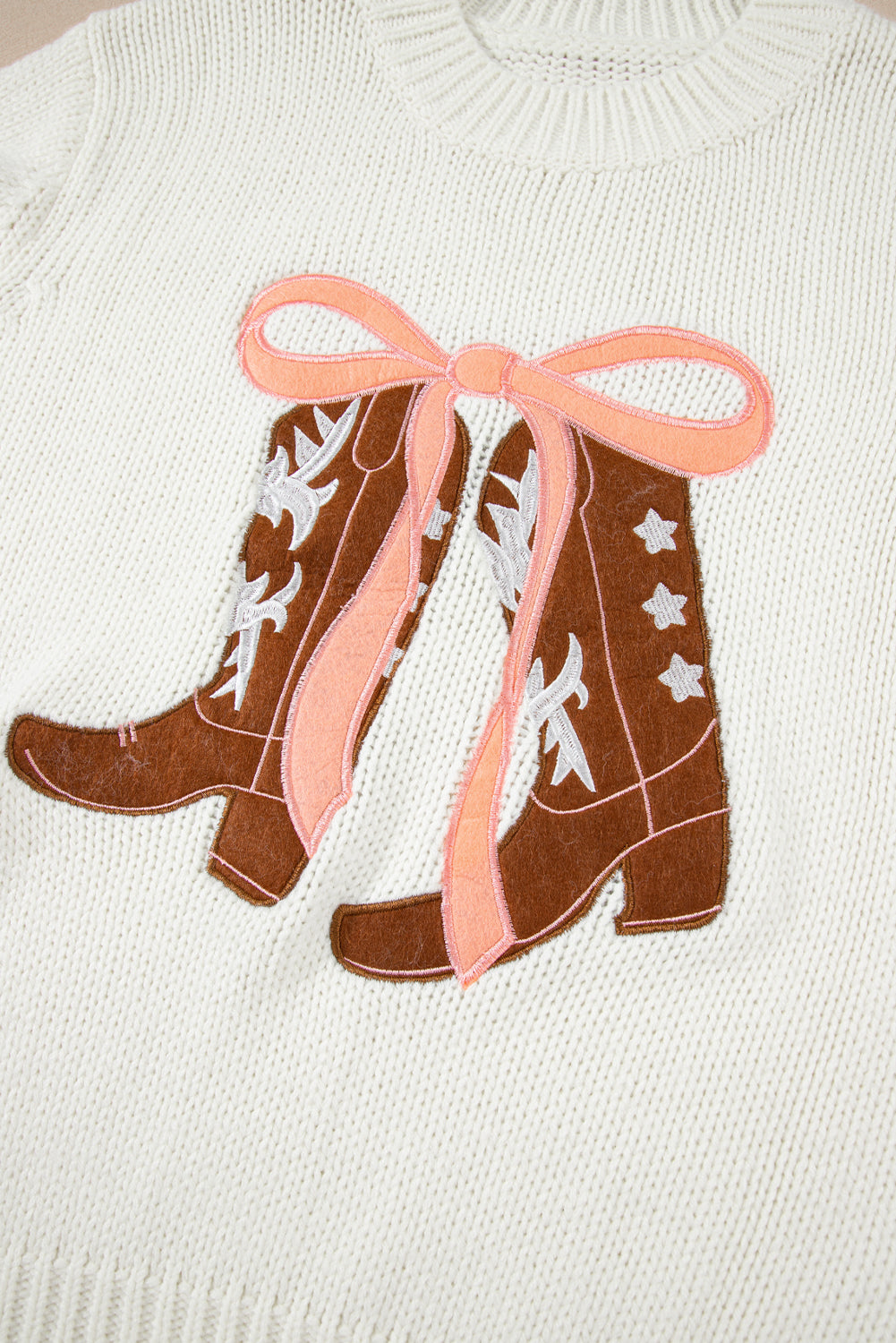 White Embroidered Bow Boots Sweater