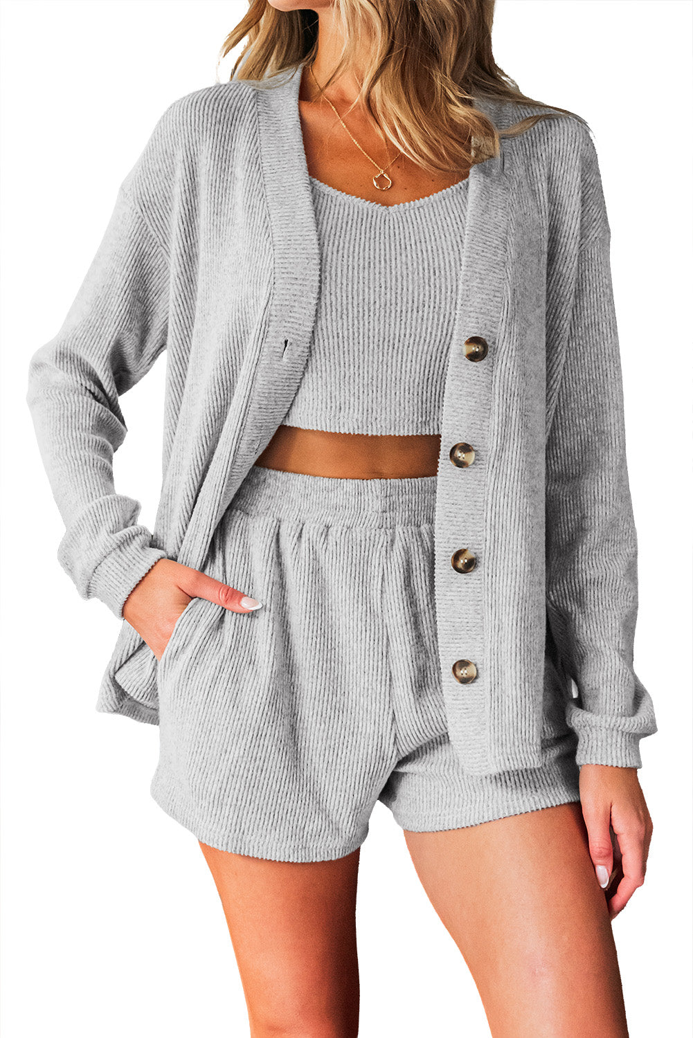 Light Grey 3 Pieces Lounge Set with Cardigan