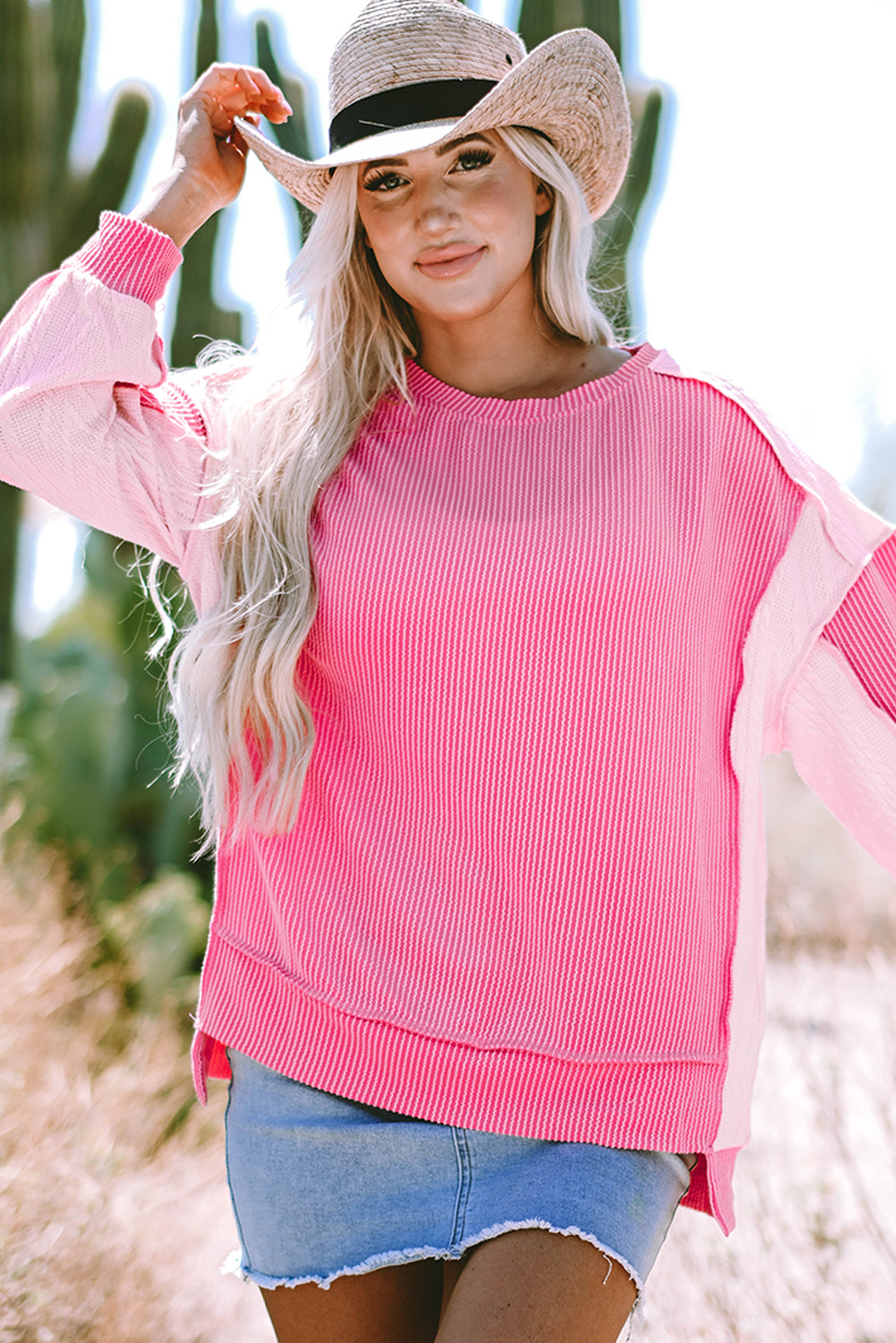 Pink Cable Knit Colorblock Sweatshirt