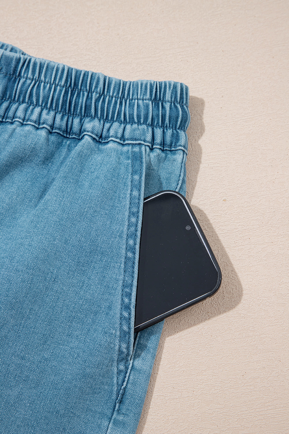 Blue Contrast Drawstring Elastic Waist Denim Shorts