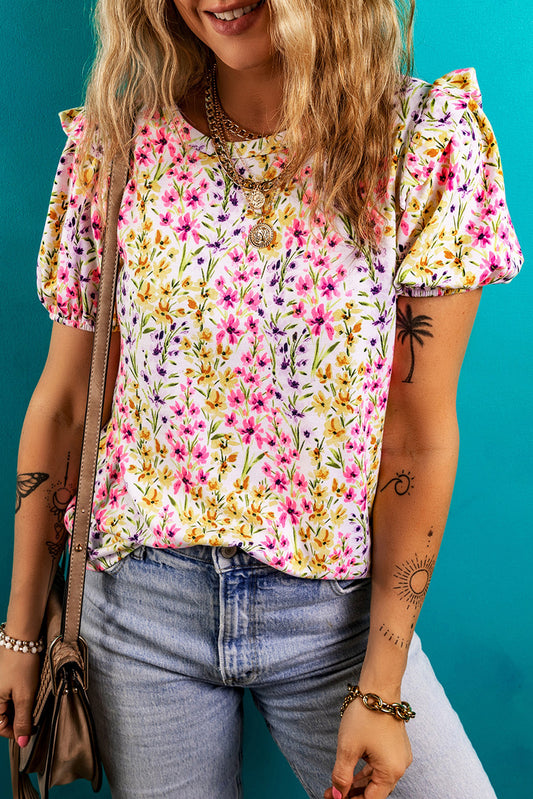 Pink Floral Puff Blouse