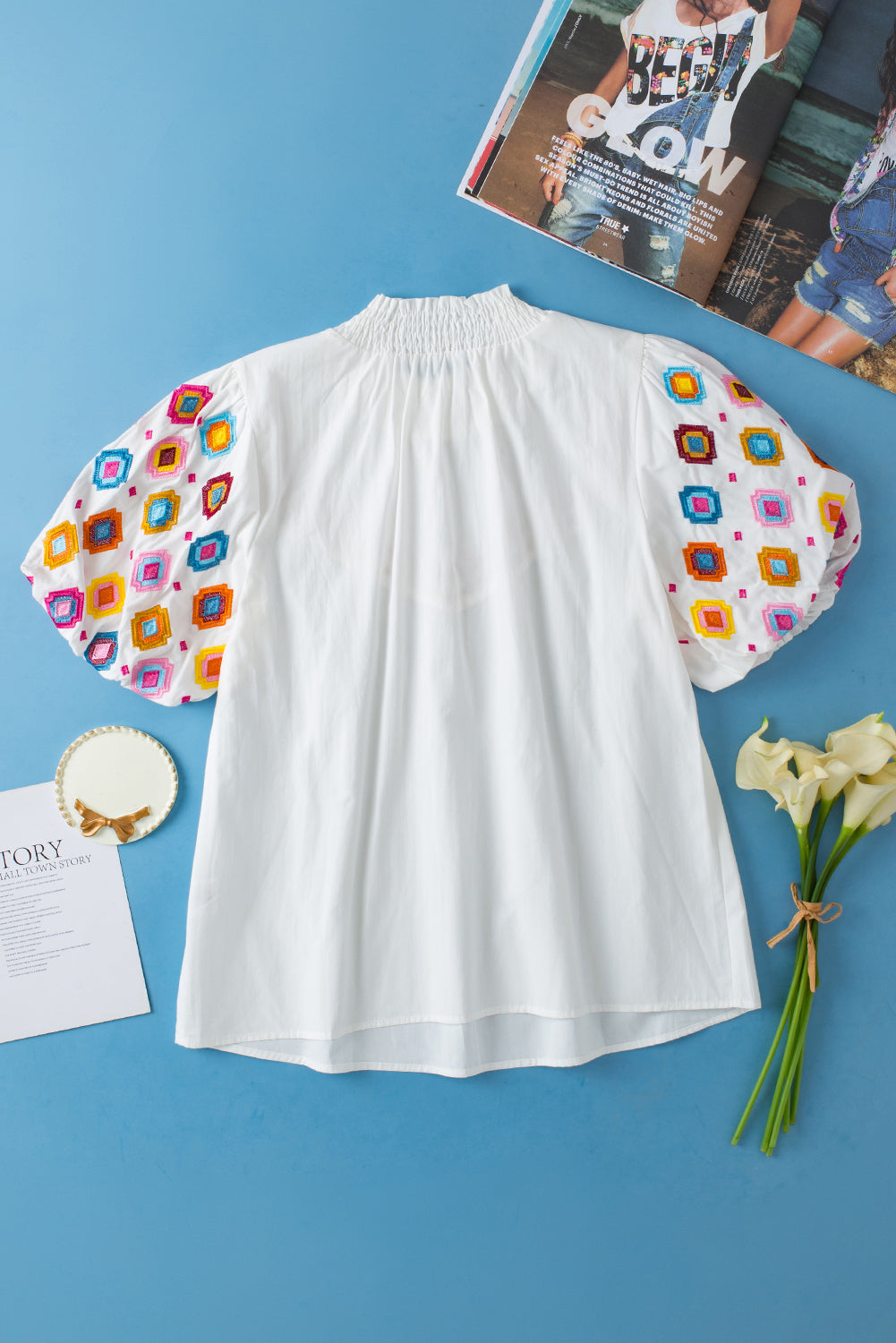 White Embroidered Puff Sleeve Top