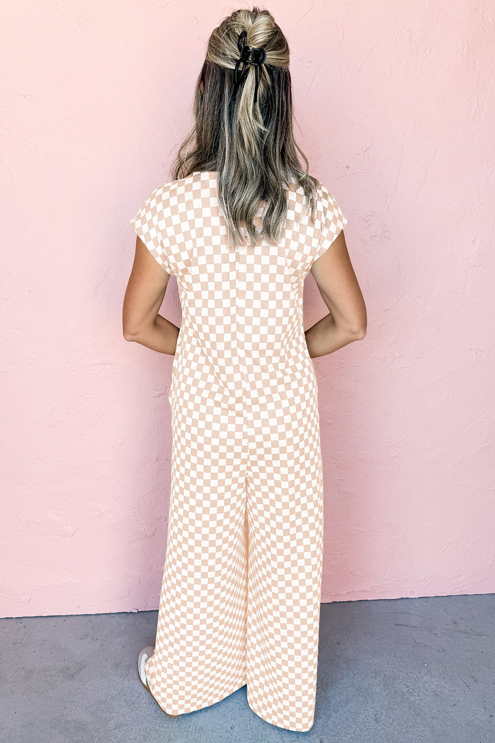 Apricot Checkered Wide Leg Jumpsuit