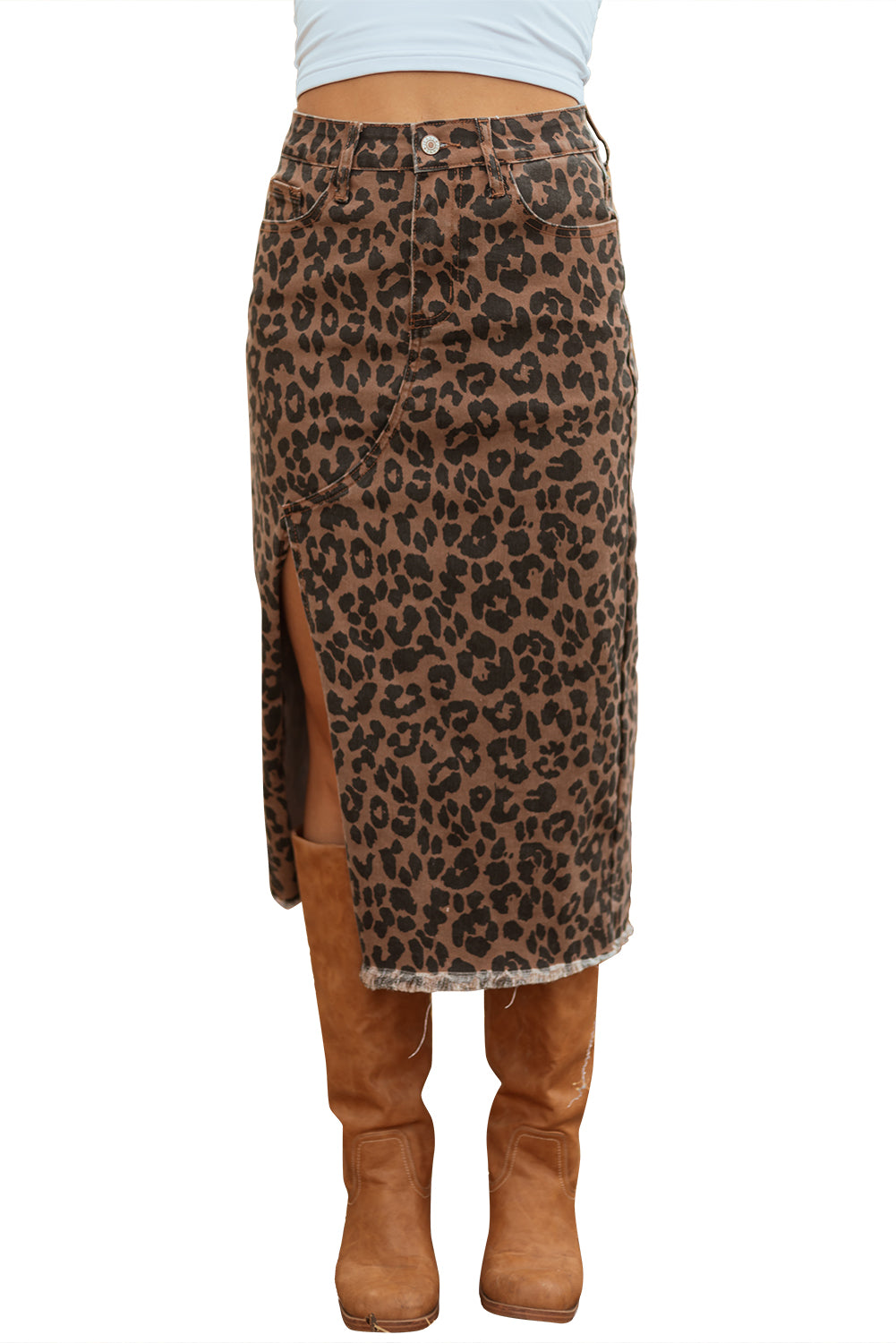 Brown Leopard Denim Midi Skirt