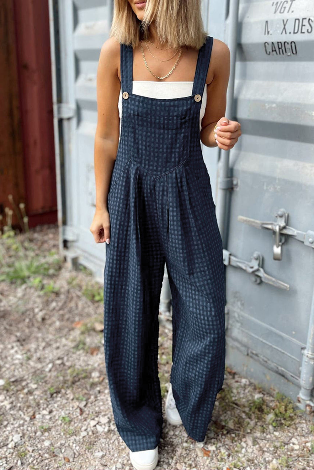 Blue Plaid Print High Waist Overall