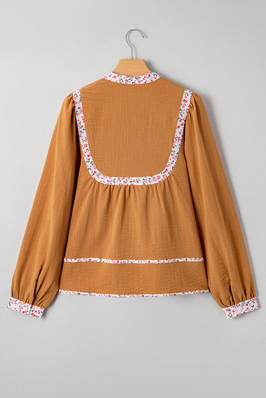 Pleated Floral Trim Puff Sleeve Blouse