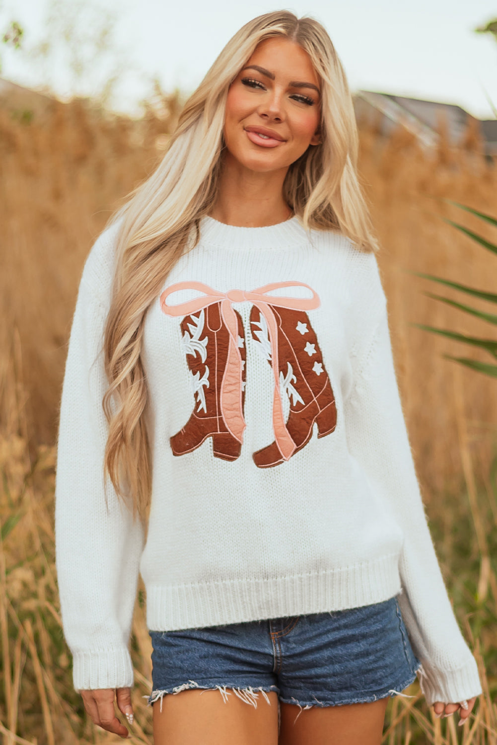 White Embroidered Bow Boots Sweater