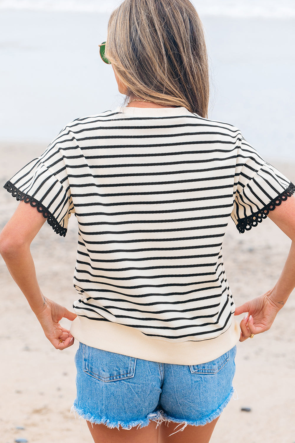Black Stripe Scallop Lace Top