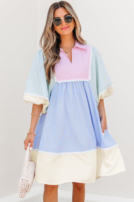 Multicolour Striped Collared Mini Dress
